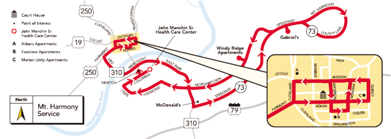 Mt. Harmony route map in Fairmont, WV