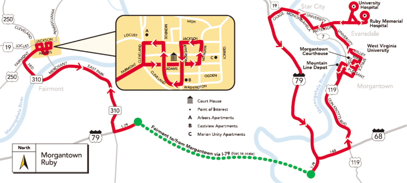 Morgantown-Ruby Memorial route map, West Virginia